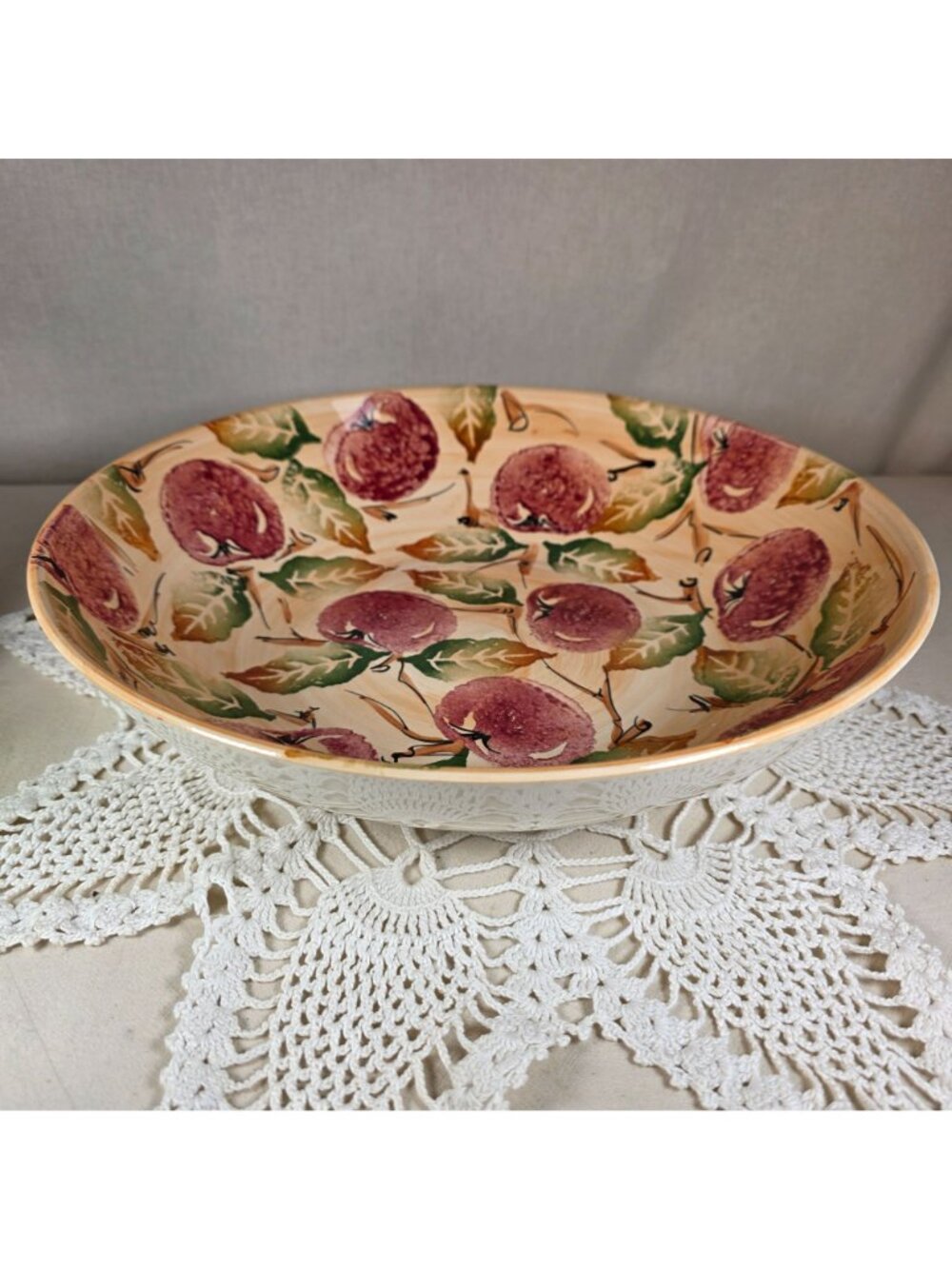 Large Vintage Portugal Ceramic Bowl With Hand-Painted Apples & Leaves - 13" Diam - Picture 2 of 5